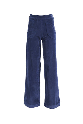 Olga de Polga Peggy Paris Pants Long in Navy soft velvet. Full length, wide leg pants with a back elasticated waistband. Front view.