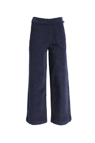 Olga de Polga Navy Peggy Sue Long velvet cotton cord pants. Wide leg. Large patch pockets. Full length. Front view