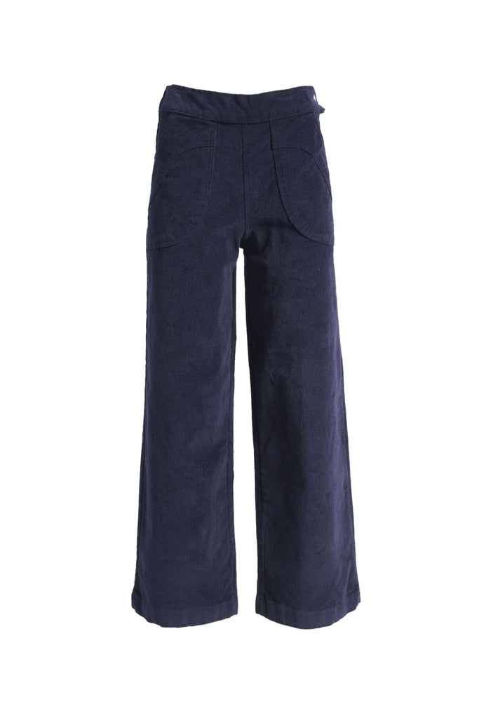 Olga de Polga Navy Peggy Sue Long velvet cotton cord pants. Wide leg. Large patch pockets. Full length. Front view
