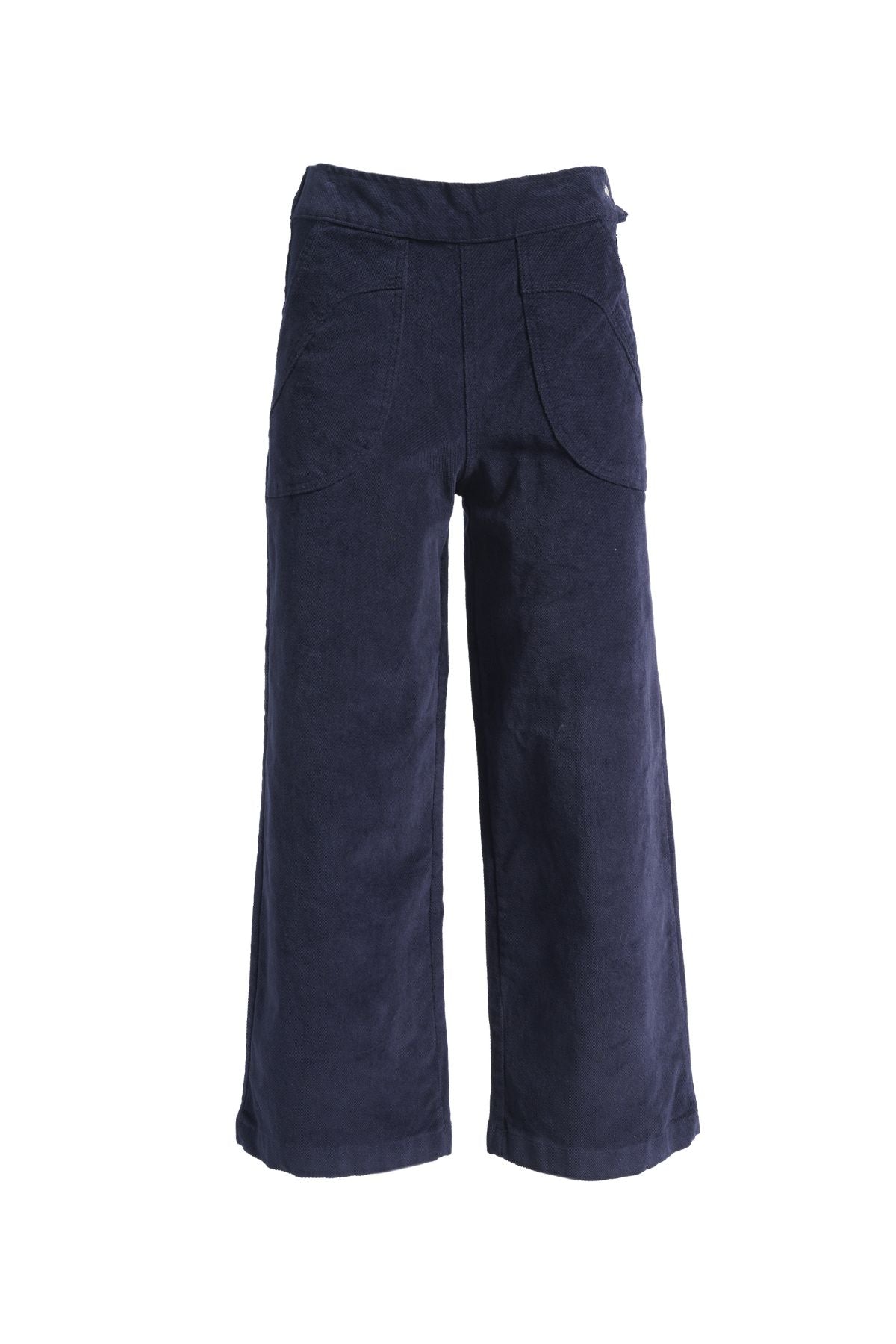 Olga de Polga Peggy Sue Pants cropped, in navy cotton velvet corduroy. Wide legged. Large patch pockets. Front view