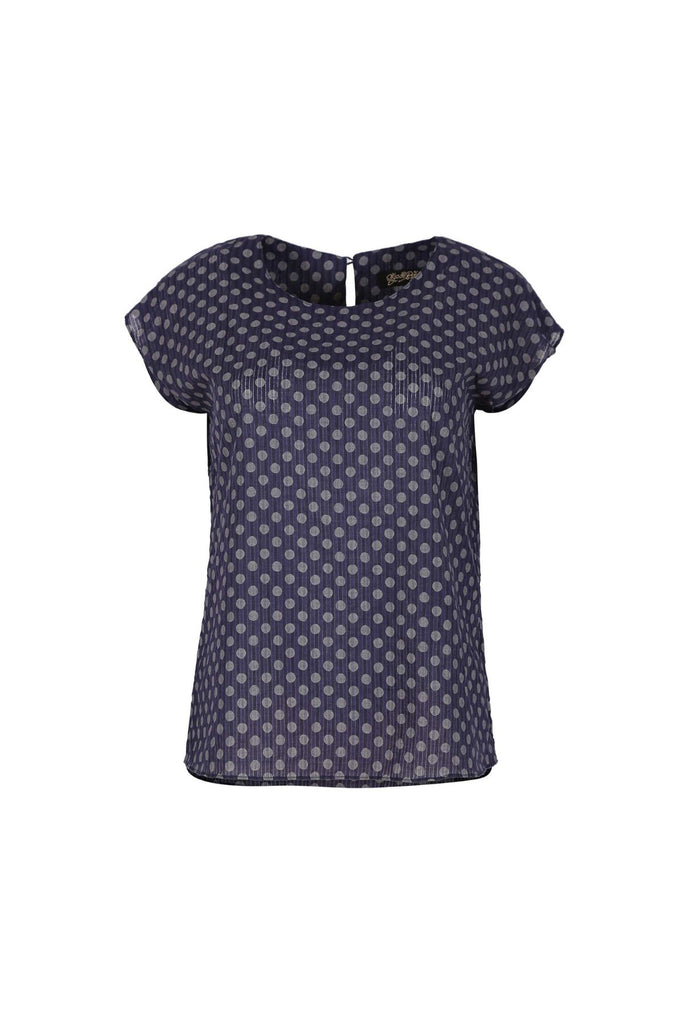 Olga de Polga navy tee with polka dot print. Front view