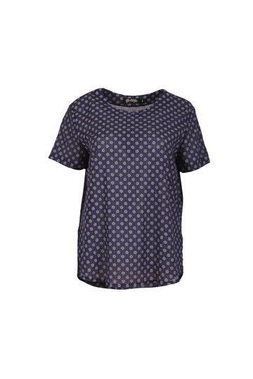 Olga de Polga navy polka dot top with short sleeves and a round neckline. Front view