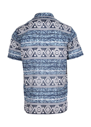 Olga de Polga men's button up Hawaiian shirt with a collar and short sleeves. Blue and white print Radio Star. Back view