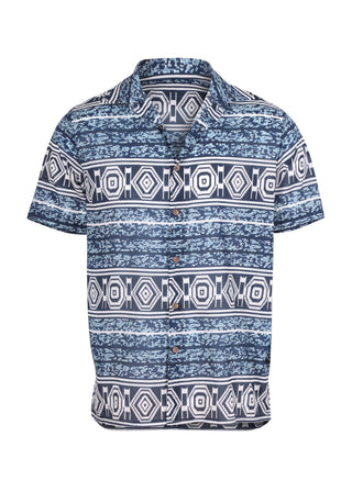 Olga de Polga men's button up Hawaiian shirt with a collar and short sleeves. Blue and white print Radio Star. Front view