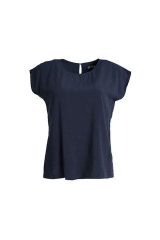 Olga de Polga Navy tencel Rhea tee. With a round neckline and cap sleeves this tee is perfect for all occasions. Button fastening at back neck. Front view