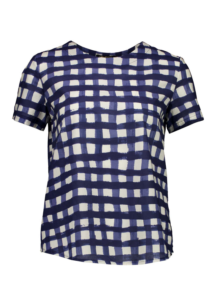 Olga de Polga classic top in woven cotton, in our Rosa Navy print. Crew neck and short sleeves. Boxy Fit. Front view.