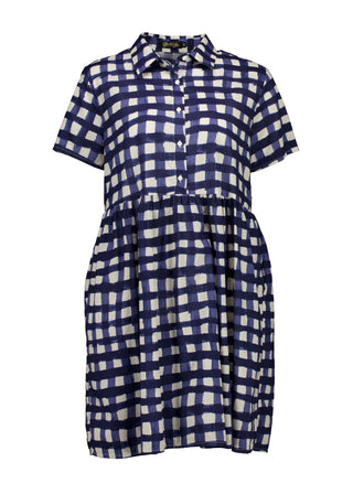 Olga de Polga's Villa drop waist dress in Rosa Navy printed 100% cotton fabric. Short sleeves, button front, collar, finishes at the knee, depending on height. Front full length view.