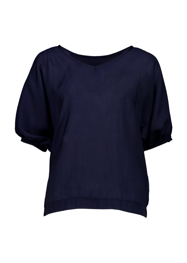 Olga de Polga Skyscraper Camisa blouse in Navy. Reversible top with a soft v-neck on one side and a boat neck on the other. Half sleeves with a bat-wing shape. Front view.