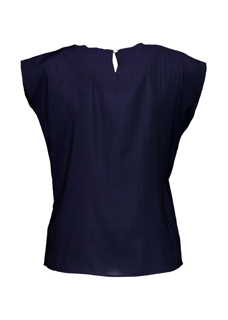 Olga de Polga classic tee in Navy Skyscraper Tencel. Round neck with cap sleeves. Back view