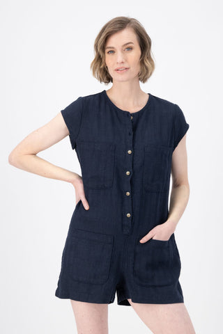 Sofia Romper Navy in Slub Linen