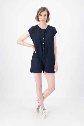Sofia Romper Navy in Slub Linen
