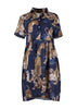 Olga de Polga Villa Drop Waist Dress in our 99 Tigers printed Cotton Seersucker in Navy Blue. Shirt dress with short sleeves. Finishes below the knee. Front View