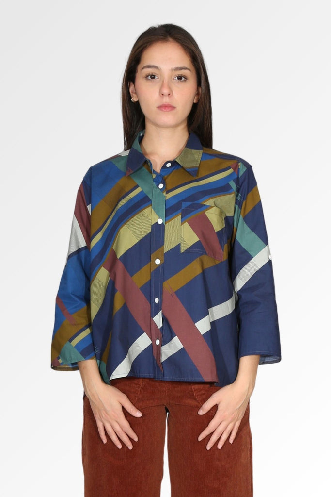 Olga de Polga women's cotton printed shirt in Crossroads Woodlands print. Front view on model