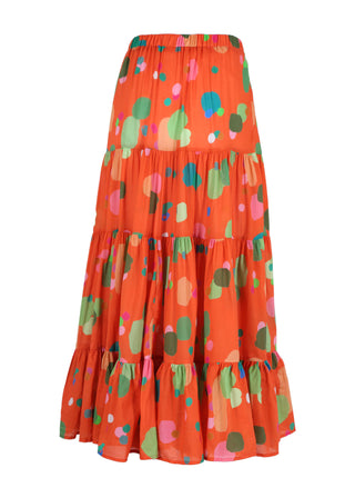  Olga de Polga LAX skirt in Orange Astra printed 100% cotton voile. Tiered maxi skirt with gathering. Elasticated waist. Back view
