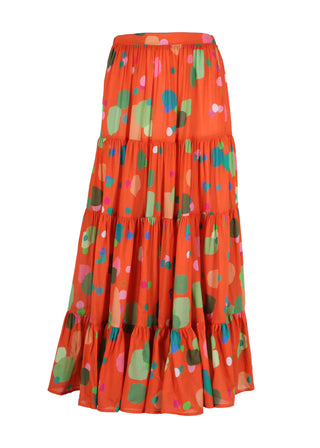 Olga de Polga LAX skirt in Orange Astra printed 100% cotton voile. Tiered maxi skirt with gathering. Elasticated waist. Front view.