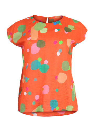 Olga de Polga classic tee in Orange Astra printed cotton seersucker fabric. Soft and floaty fabric. With a round neckline and cap sleeves, this tee finishes at the hip. Front view.