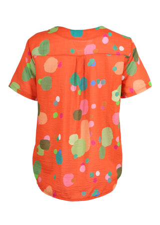 Olga de Polga Top in Orange Astra printed cotton seersucker fabric. With a round neckline and short sleeves, this top finishes at the hip. Back view