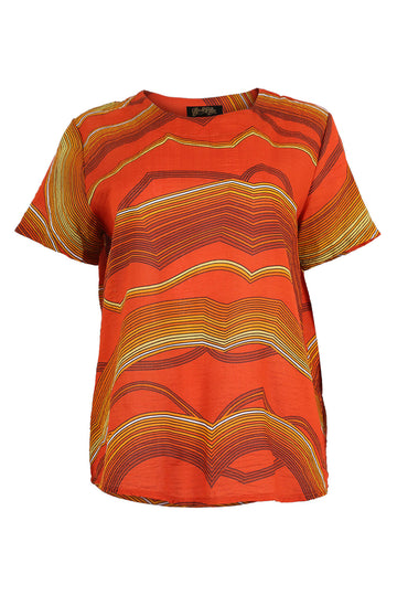 Olga de Polga classic top in Orange Aurora printed cotton seersucker. With short sleeves and a round neckline, this top finishes at the hip. Front view.