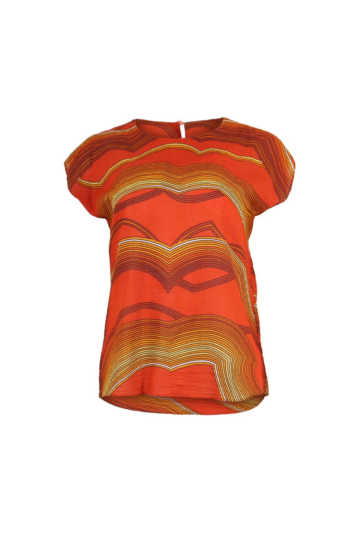 Olga de Polga classic tee in Orange Aurora printed cotton seersucker. With a round neckline and cap sleeves, this tee finishes at the hip. Front view.