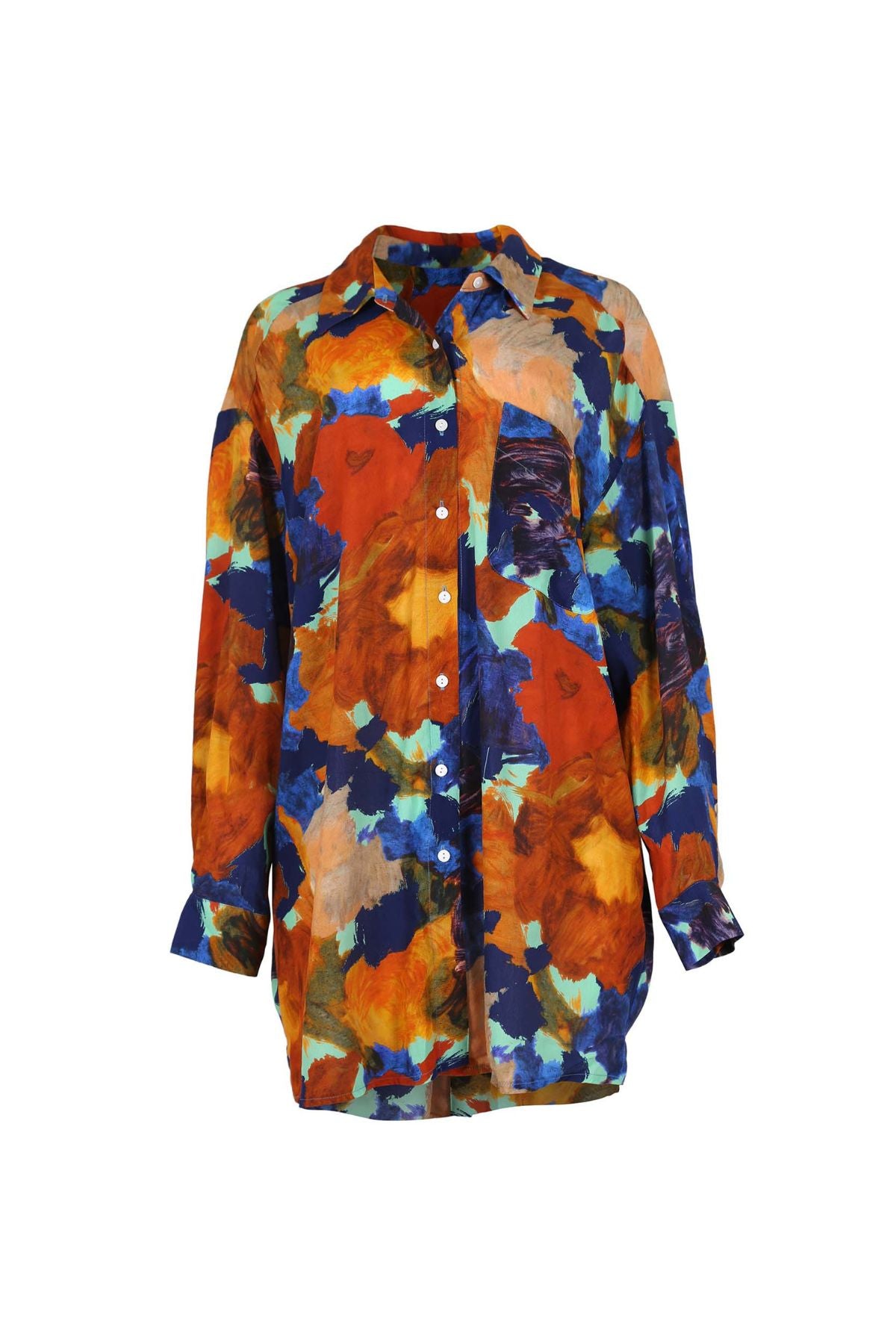 Olga de Polga LAX shirt in the Earth Fiorella print. 100% Cotton. Long sleeves, with a collar and button down front. Oversized fit. Front view