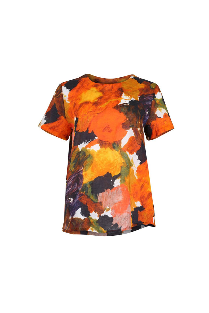 Olga de Polga classic top in Orange Fiorella printed cotton seersucker. Front view