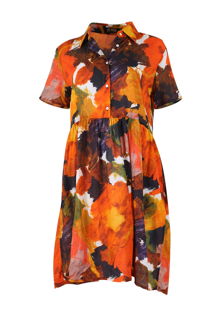 Olga de Polga Villa dropped waist dress in Orange Fiorella printed seersucker fabric. Short sleeved shirt dress with a collar and buttons down to the waist seam. Light gathering at the waist. Finishes above the knee depending on your height. Front view flat lay