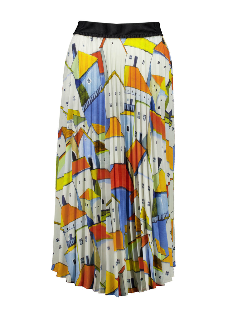 Olga de Polga Pleated skirt in the Pueblito Orange printed recycled polyester. Front view.