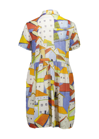 Olga de Polga Pueblito Orange villa dress in cotton seersucker fabric. Back view on model.