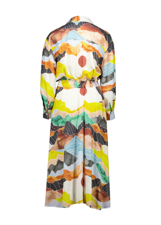 Olga de Polga Orange Vista printed Parisian Dress in 100% Viscose. Back view.