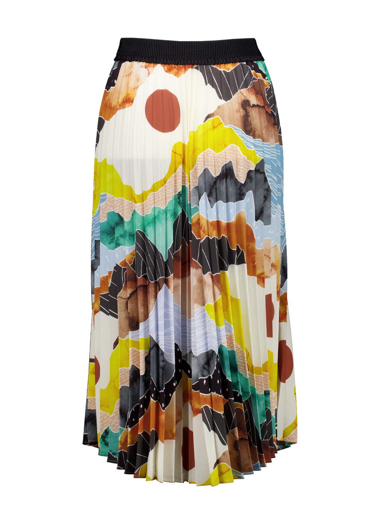 Olga de Polga pleated skirt in the Orange Vista print. Elasticated waistband. Vibrant unique print. Midi length. Back view.