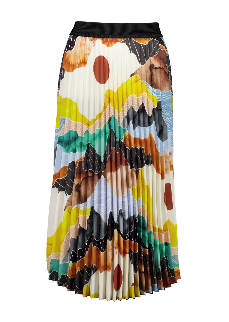 Olga de Polga pleated skirt in the Orange Vista print. Elasticated waistband. Vibrant unique print. Midi length. Front view.