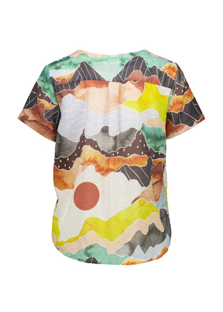 Orange Vista printed Olga de Polga classic Top in cotton seersucker. Round neck with short sleeves and a boxy shape. Back view.