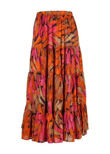 Olga de Polga LAX skirt in Orange Vivant printed cotton voile. With a front waistband and elasticated back waistband, this skirt has four gathered tiers. Long skirt Front view