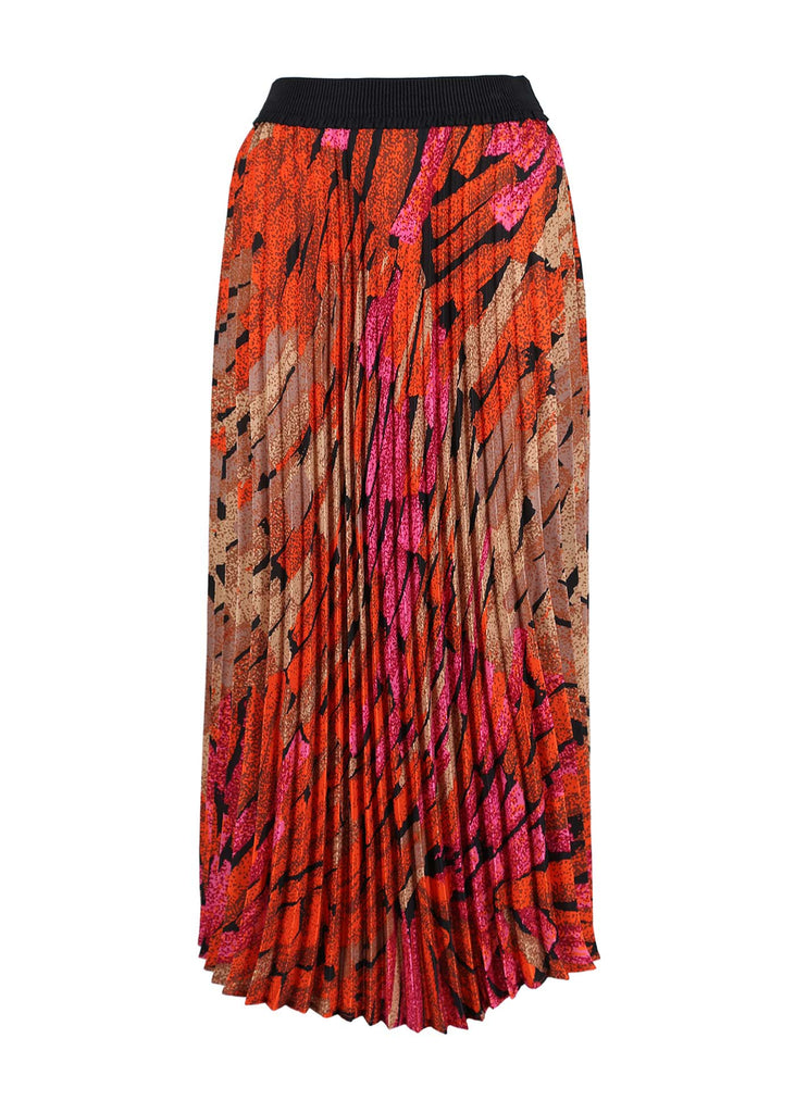 Olga de Polga Orange Vivant printed polyester pleated skirt. Front view