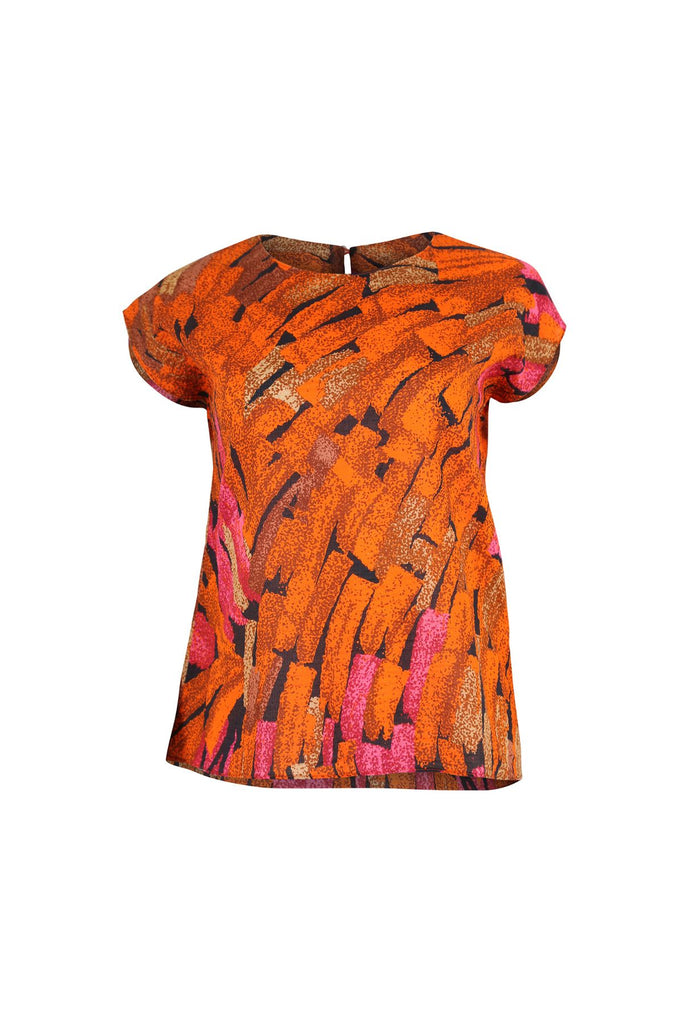 Olga de Polga Orange printed Vivant tee in cotton seersucker, with cap sleeves and a round neckline. Front view