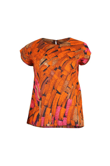 Olga de Polga Orange printed Vivant tee in cotton seersucker, with cap sleeves and a round neckline. Front view