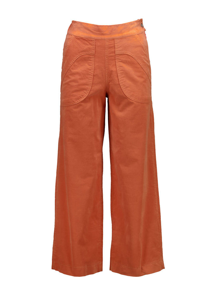 Olga de Polga Peggy Pants in Peach Fine Cotton Cord. Best seller with large front patch pockets, elasticated waistband, cropped length, side zip fastening. Front view.