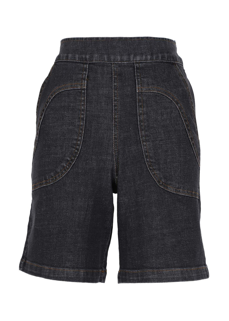 Olga de Polga Denim Peggy Shorts in Black Wash. Oversized front pockets. Sits above the knee, able to be rolled up for different lengths. Front view