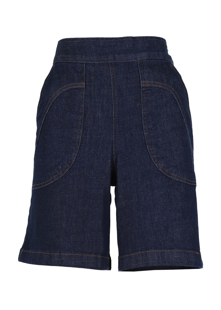 Olga de Polga Denim Shorts in Indigo. The shorts version of our best-selling Peggy Jeans, with the same flattering fit and ultra comfort you know and love. Front view