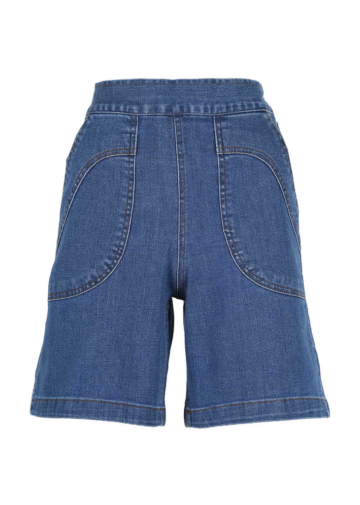 New Olga de Polga Peggy shorts in Original Wash Denim.  Oversized front pockets. Sits above the knee, able to be rolled up for different lengths. Front view