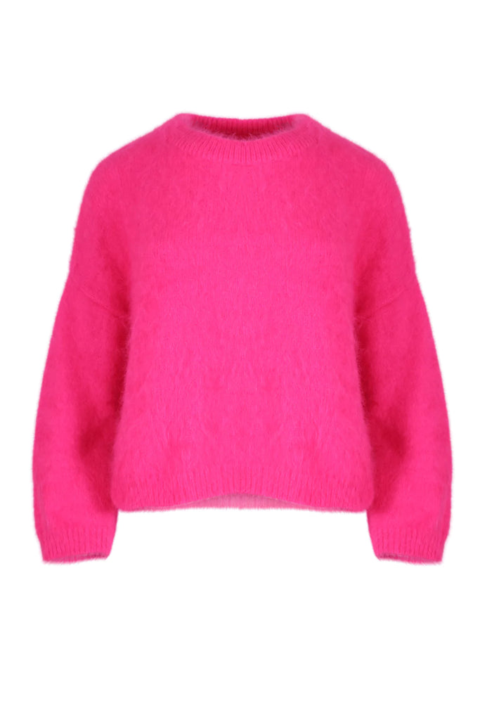 Olga de Polga's Neon Pink angora sweater knit jumper. Crafted in an impossibly soft angora blend, this jumper will keep you warm on the greyest of days while still staying comfortable and light. Clear front garment image