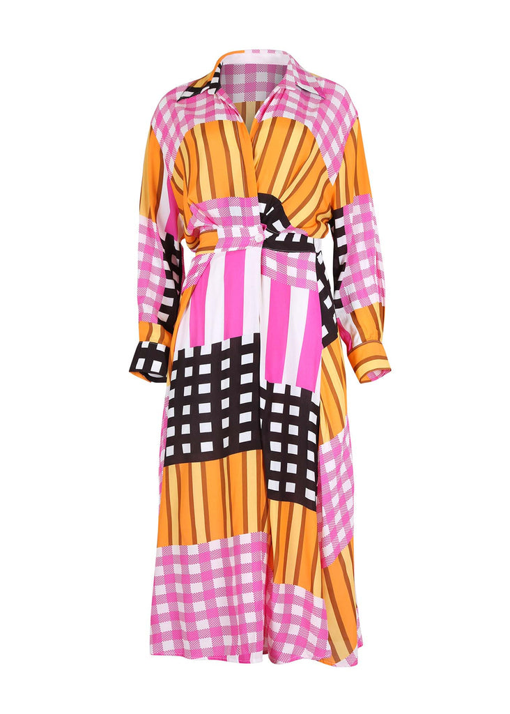 Olga de Polga Parisian dress in our Pink Central Park printed viscose. Long sleeves. Collar with v-neck front. Midi length. Front view.