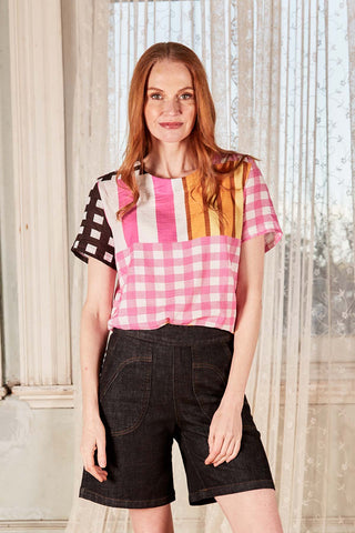 Olga de Polga classic top in the Pink Central Park print in Cotton Seersucker.  Front view on model