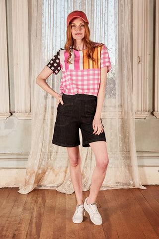 Olga de Polga classic top in the Pink Central Park print in Cotton Seersucker.  Front full length view on model