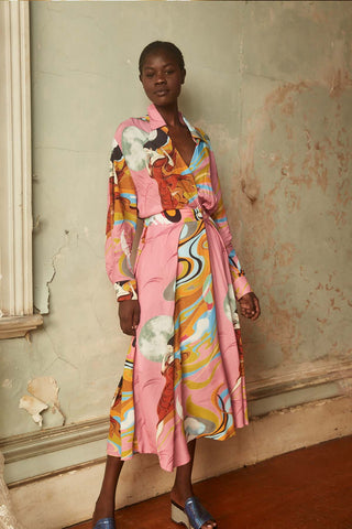 Olga de Polga printed Parisian dress in our Pink Faith Print. Front view. 