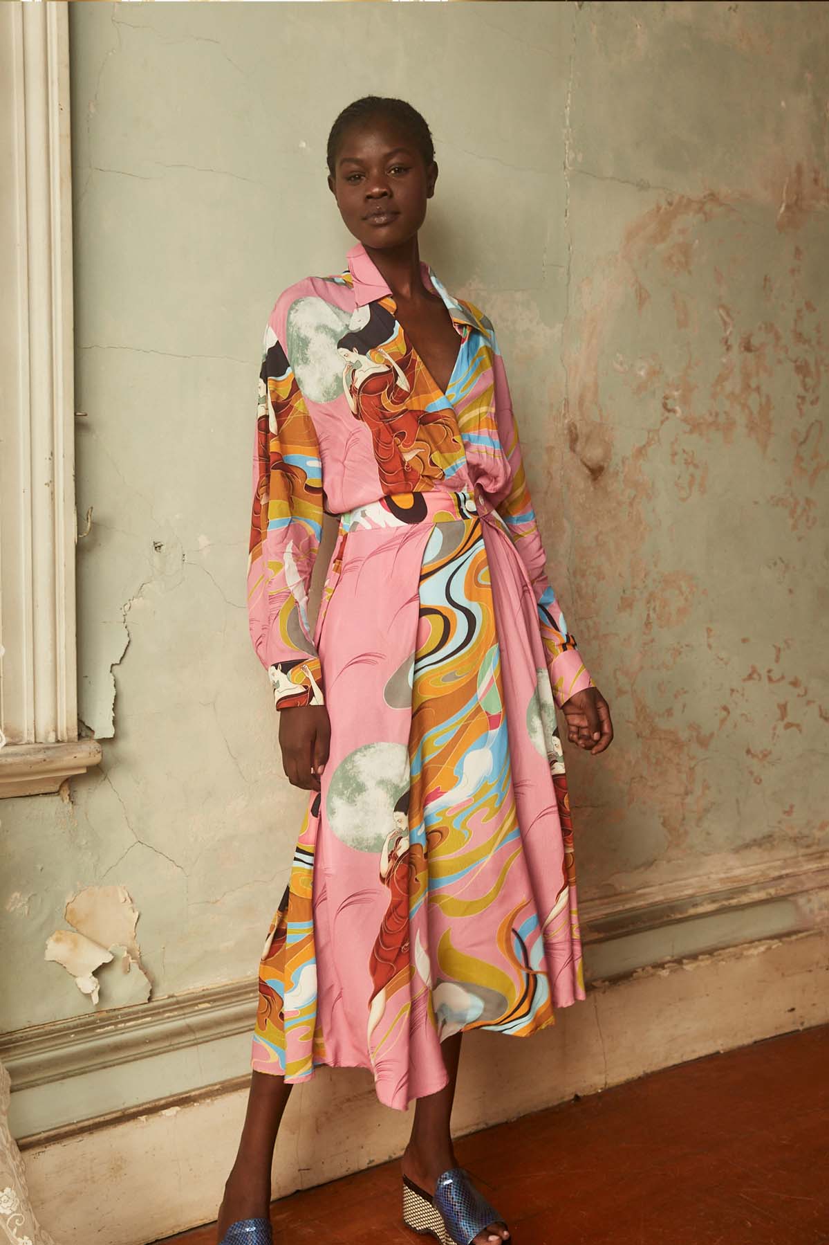 Olga de Polga printed Parisian dress in our Pink Faith Print. Front view. 