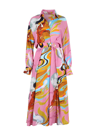 Olga de Polga Parisian dress with long sleeves and collar with a v-neck front. In Pink faith printed lustrous viscose. Front view.