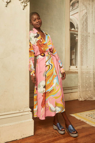 Olga de Polga Parisian dress in out pink faith printed viscose.