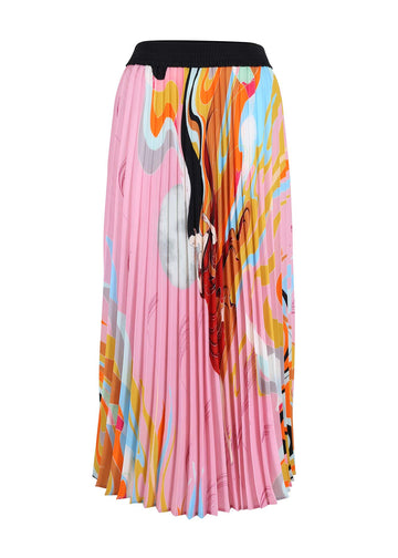 Olga de Polga classic pleated skirt in Pink Faith printed polyester. Front view.