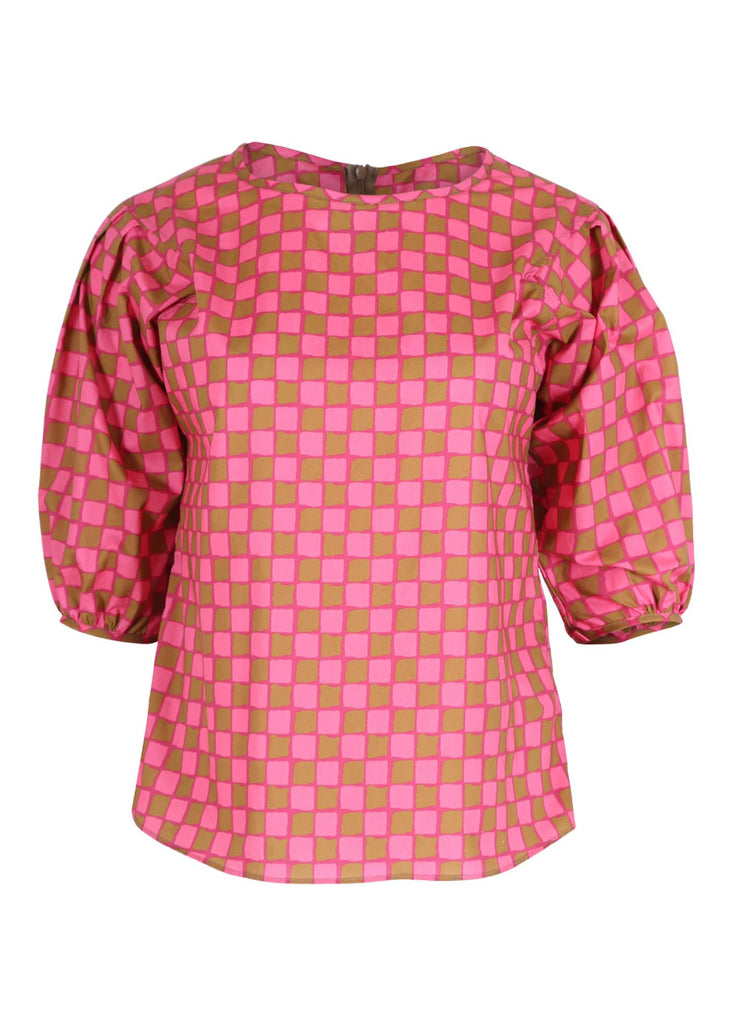 Olga de Polga pink printed Harlequin  blouse, with three-quarter sleeves and a crew neckline, with a zip fastening at the back. Front view.